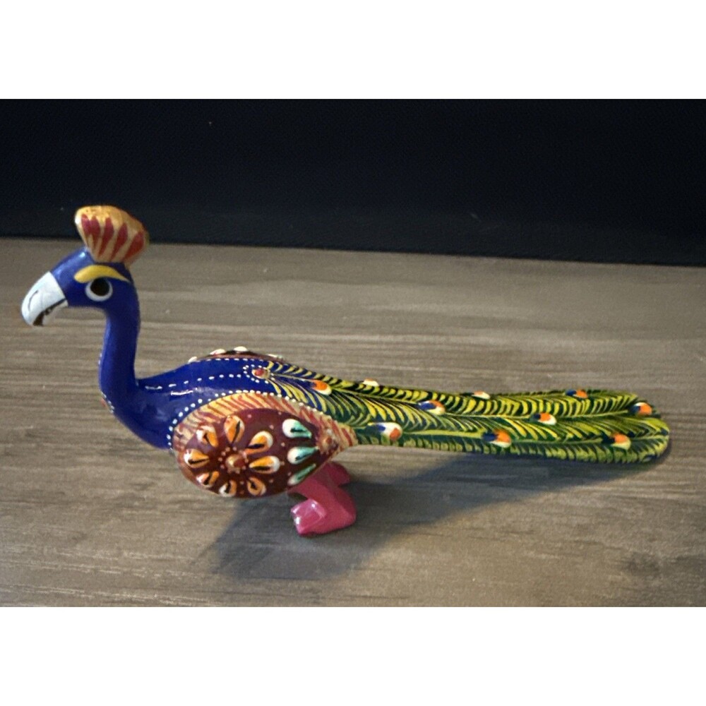Hand Painted Metal Peacock Statue Folk Art Figurine 6" - Picture 3 of 11